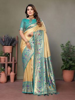 SGF11 - Cream Blue Women Kanjivaram Tissue Pure Soft Silk Saree with Unstitched Blouse
