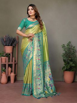 SGF11 - Green Blue Women Kanjivaram Tissue Pure Soft Silk Saree with Unstitched Blouse