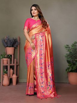 SGF11 - Orange Pink Women Kanjivaram Tissue Pure Soft Silk Saree with Unstitched Blouse