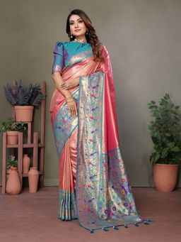 SGF11 - Peach Blue Women Kanjivaram Tissue Pure Soft Silk Saree with Unstitched Blouse