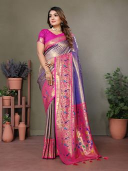SGF11 - Lavender Pink Women Kanjivaram Tissue Pure Soft Silk Saree with Unstitched Blouse