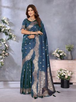 SGF11 - Rama Blue Women Kanjivaram Pure Soft Silk Saree with Unstitched Blouse