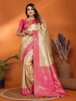 SGF11 - Cream Pink Women Kanjivaram Tissue Pure Soft Silk Saree with Unstitched Blouse