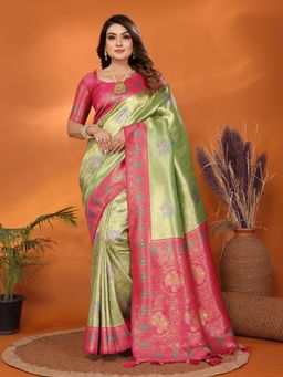 SGF11 - Green Pink Women Kanjivaram Tissue Pure Soft Silk Saree with Unstitched Blouse