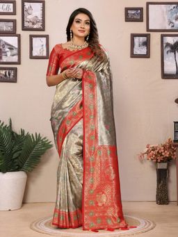 SGF11 - Gold Red Women Kanjivaram Tissue Pure Soft Silk Saree with Unstitched Blouse