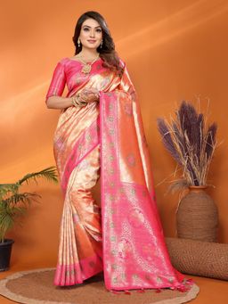 SGF11 - Orange Pink Women Kanjivaram Tissue Pure Soft Silk Saree with Unstitched Blouse