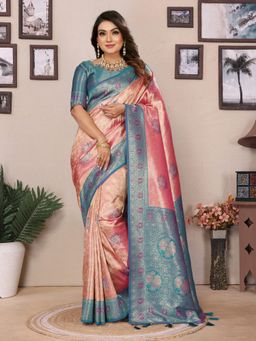 SGF11 - Peach Blue Women Kanjivaram Tissue Pure Soft Silk Saree with Unstitched Blouse