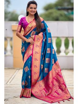 SGF11 - Blue Women Kanjivaram Pure Soft Silk Saree with Unstitched Blouse
