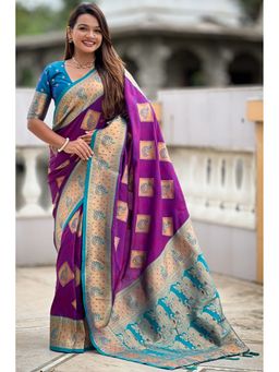 SGF11 - Purple Women Kanjivaram Pure Soft Silk Saree with Unstitched Blouse