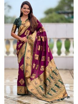 SGF11 - Wine Women Kanjivaram Pure Soft Silk Saree with Unstitched Blouse
