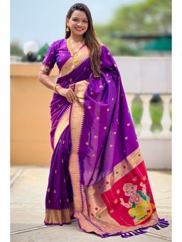 SGF11 - Purple Women Kanjivaram Pathani Pure Soft Silk Saree with Unstitched Blouse
