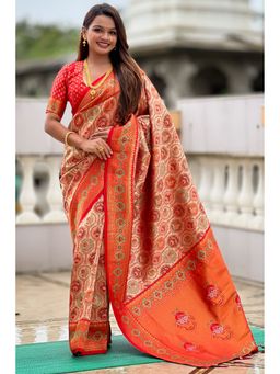 SGF11 - Orange Women Kanjivaram Pure Soft Silk Saree with Unstitched Blouse
