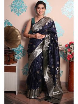 SGF11 - Navy Blue Women Kanjivaram Pure Soft Silk Saree with Unstitched Blouse