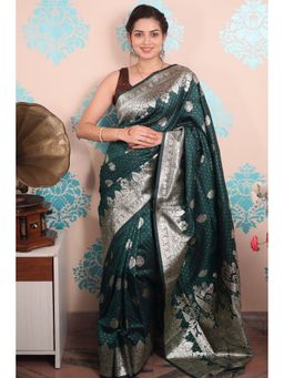 SGF11 - Dark Green Women Kanjivaram Pure Soft Silk Saree with Unstitched Blouse