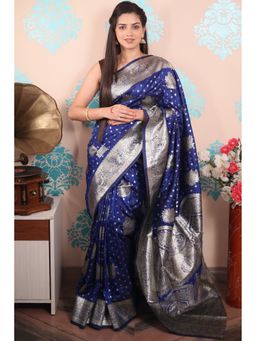 SGF11 - Dark Blue Women Kanjivaram Pure Soft Silk Saree with Unstitched Blouse