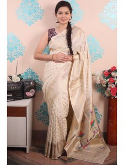 SGF11 - Cream Women Kanjivaram Pathani Pure Soft Silk Saree with Unstitched Blouse