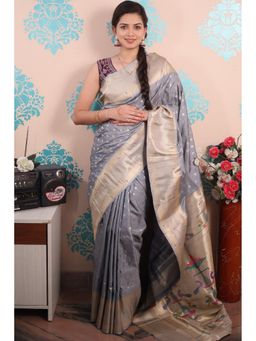 SGF11 - Grey Women Kanjivaram Pathani Pure Soft Silk Saree with Unstitched Blouse