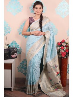 SGF11 - Light Blue Women Kanjivaram Pathani Pure Soft Silk Saree with Unstitched Blouse