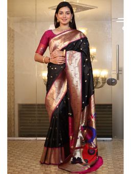 SGF11 - Black Women Kanjivaram Pathani Pure Soft Silk Saree with Unstitched Blouse