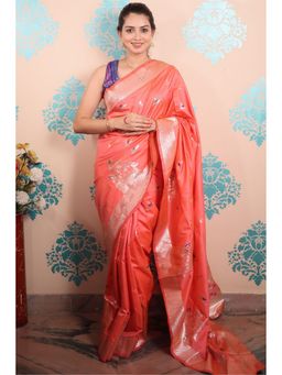 SGF11 - Orange Women Kanjivaram Soft Silk Saree with Unstitched Blouse