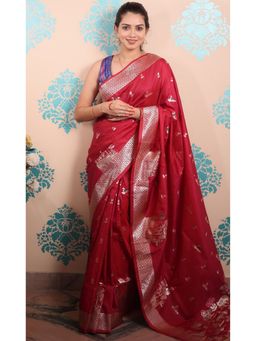 SGF11 - Red Women Kanjivaram Pure Soft Silk Saree with Unstitched Blouse
