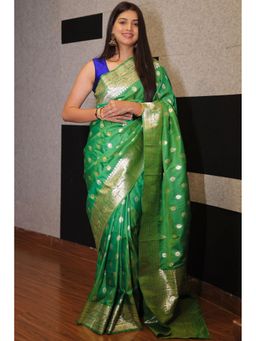 SGF11 - Green Women Kanjivaram Pure Soft Silk Saree with Unstitched Blouse