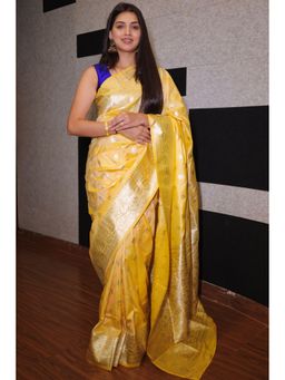 SGF11 - Yellow Women Kanjivaram Soft Silk Saree with Unstitched Blouse
