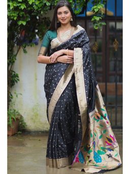 SGF11 - Black Women Kanjivaram Pathani Pure Soft Silk Saree with Unstitched Blouse