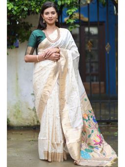 SGF11 - White Women Kanjivaram Pathani Pure Soft Silk Saree with Unstitched Blouse