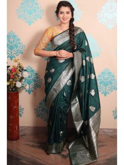 SGF11 - Dark Green Women Kanjivaram Soft Silk Saree with Unstitched Blouse