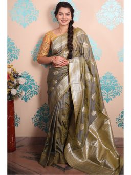 SGF11 - Olive Green Women Kanjivaram Pure Soft Silk Saree with Unstitched Blouse