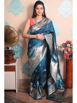 SGF11 - Rama Blue Women Kanjivaram Pure Soft Silk Saree with Unstitched Blouse