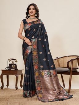 SGF11 - Black Women Kanjivaram Pure Soft Silk Saree with Unstitched Blouse