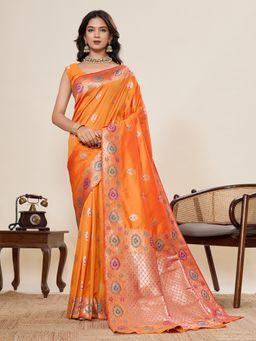 SGF11 - Orange Women Kanjivaram Soft Silk Saree with Unstitched Blouse