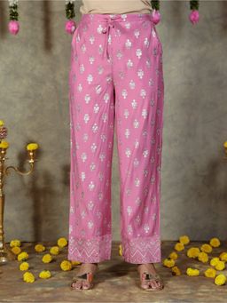 ARAMYA - Women Pink Roman Silk Gold Foil Pant
