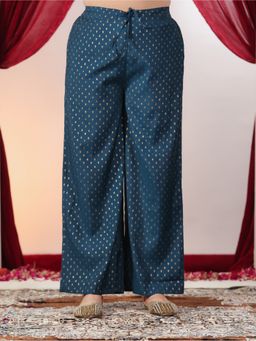 ARAMYA - Women Navy Blue Poly Silk Gold Foil Palazzo