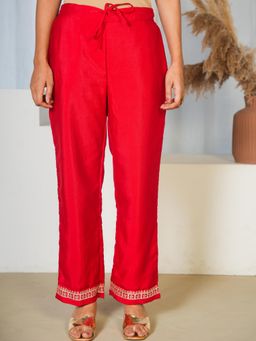 ARAMYA - Women Red Silk Blend Solid Pant