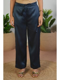 ARAMYA - Women Navy Blue Poly Silk Solid Pant