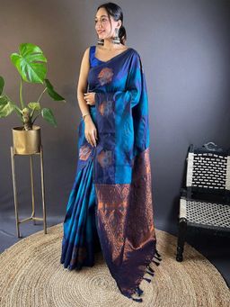 SGF11 - Blue Dark Blue Women Kanjivaram Pure Soft Silk Saree with Unstitched Blouse