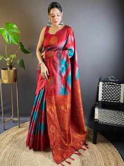 SGF11 - Blue Red Women Kanjivaram Pure Soft Silk Saree with Unstitched Blouse
