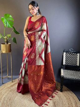 SGF11 - Cream Red Women Kanjivaram Pure Soft Silk Saree with Unstitched Blouse