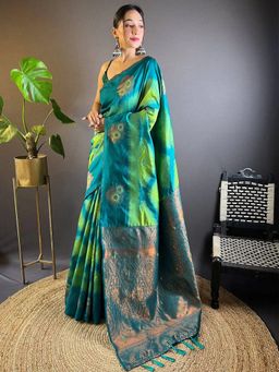 SGF11 - Green Blue Women Kanjivaram Pure Soft Silk Saree with Unstitched Blouse
