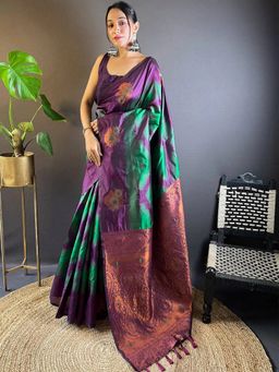 SGF11 - Green Purple Women Kanjivaram Pure Soft Silk Saree with Unstitched Blouse