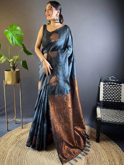 SGF11 - Grey Black Women Kanjivaram Pure Soft Silk Saree with Unstitched Blouse
