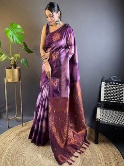 SGF11 - Lavender Wine Women Kanjivaram Pure Soft Silk Saree with Unstitched Blouse