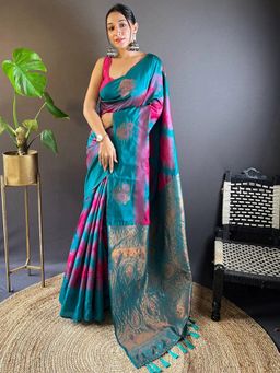 SGF11 - Pink Blue Women Kanjivaram Pure Soft Silk Saree with Unstitched Blouse