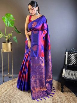 SGF11 - Pink Purple Women Kanjivaram Pure Soft Silk Saree with Unstitched Blouse