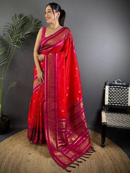 SGF11 - Red Women Kanjivaram Pure Soft Silk Saree with Unstitched Blouse