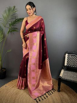 SGF11 - Maroon Women Kanjivaram Soft Silk Saree with Unstitched Blouse