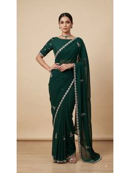 Dress & Dazzle - Emerald Green Embroidered Saree